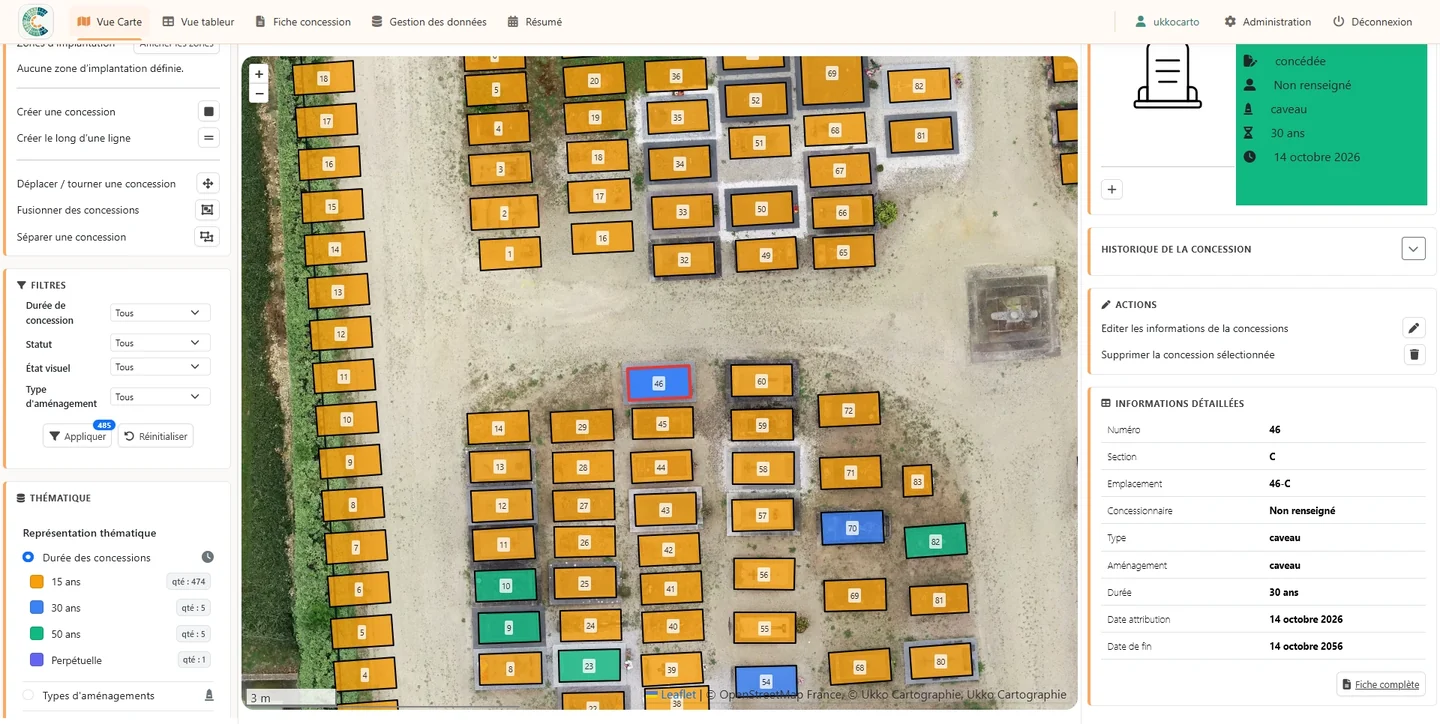 Vue cartographique générale du cimetière
            avec parcelles, concessions et panneau d'information.