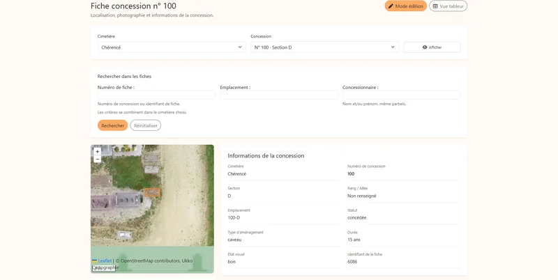 Fiche de concession CimeAtlas avec numéro, statut, durée et informations sur le concessionnaire.